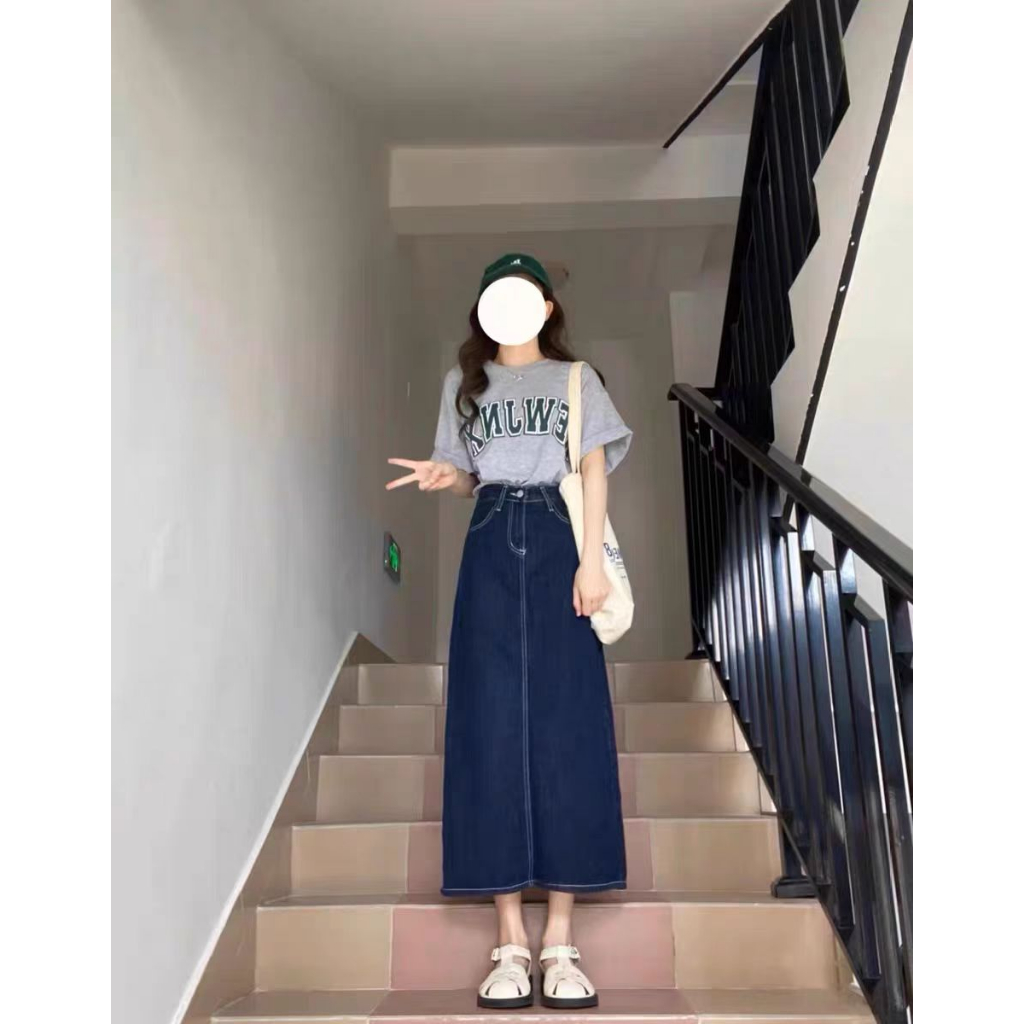 Rok Denim Split Gaya Korea Rok A-Line Wanita Berpinggang Tinggi Sedang Untuk Menutupi Rok Pinggul Selangkangan