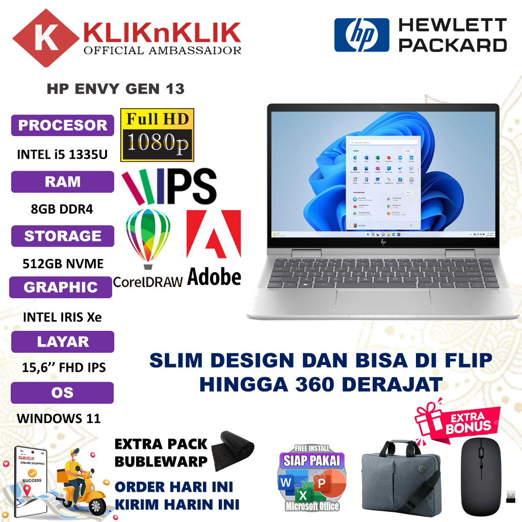 HP ENVY 14 INTEL I5 1335U 8GB 512GB 14&quot; FHD IPS WINDOW 11 HOME TERBARU