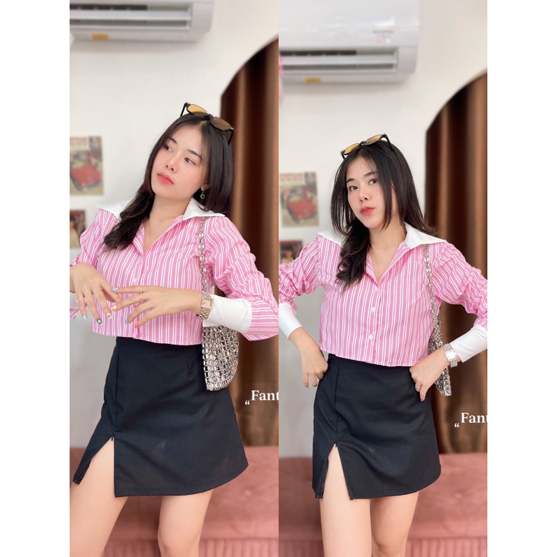 KEMEJA FANTASY LIST SALUR FASHION WANITA IMPORT BANGKOK F 34
