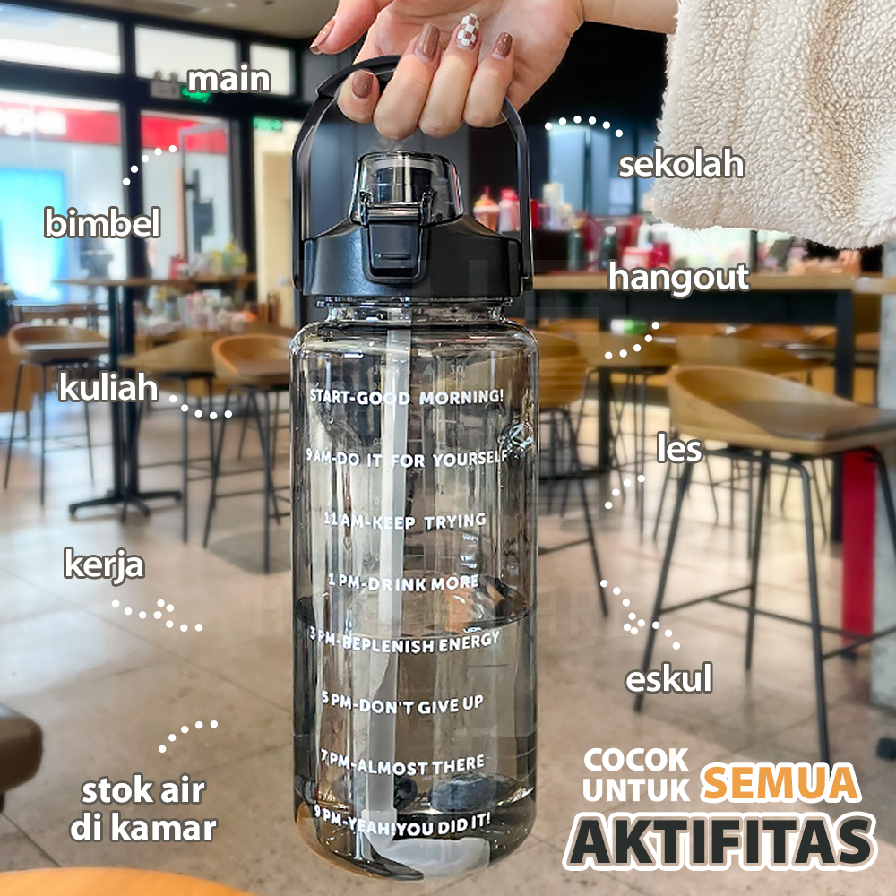 HUGO Botol Minum 2 Liter Jumbo Besar Anti Bocor Botol Air Motivasi BPA FREE Gratis Stiker