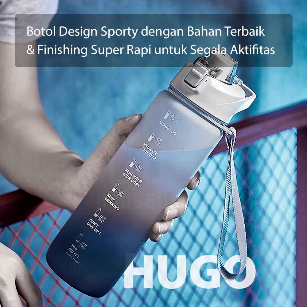 HUGO Botol Minum 1 Liter Tutup Flip Botol Air Motivasi 1000ml Premium Anti Bocor BPA FREE