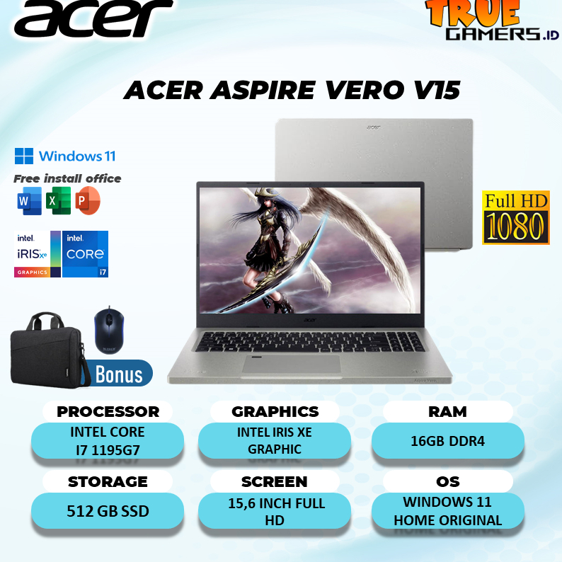 Laptop Acer ASPIRE Vero V15 I7 1195G7 16GB 512SSD W11 15.6FHD