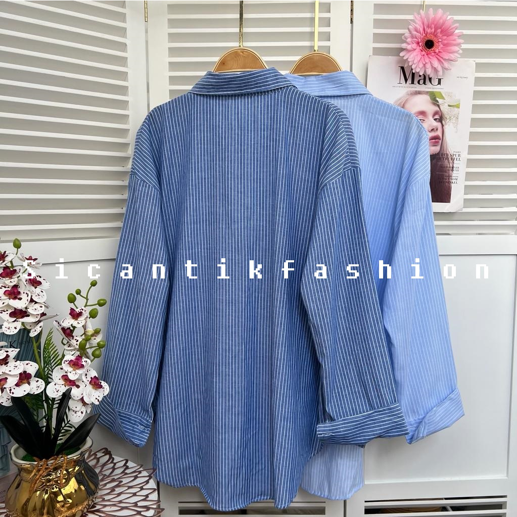 Kemeja Oversize Wanita Lengan Panjang Motif salur