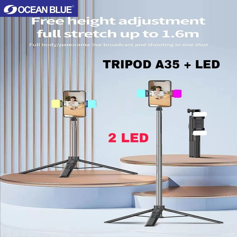 Ocean Blue OCN A35 Tripod Tongsis LED Black Remote Bluetooth Shutter Adjustable 160 Cm Selfie Stick 360° Stand HP Tongkat Selfie