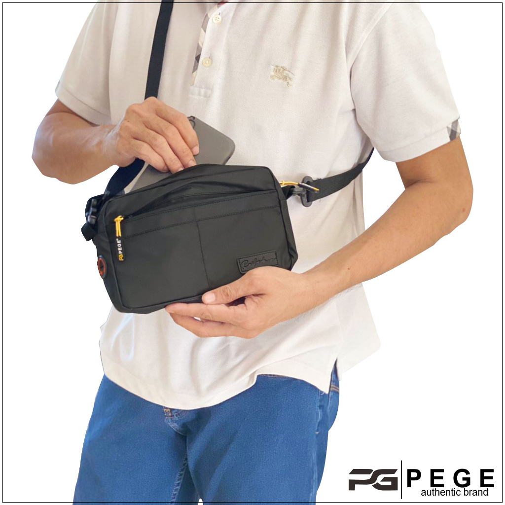 Tas Selempang Pria PEGE Thory Model 2in1 Bahan Waterproof AntiAir Model Polos Kasual - PG 8966