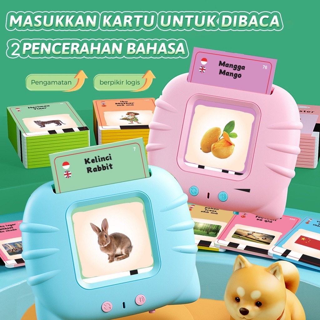 2 Bahasa Card Early Education Bilingual Device / Mainan Flash Card Bersuara Alat Bantu pengenalan kosakata Bahasa Inggris