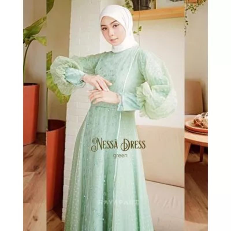 Cempaka Dress Brukat Tulle mutiara Nessa Dress Muslim elegant minimalis Gamis Wanita Muslim Kamila D