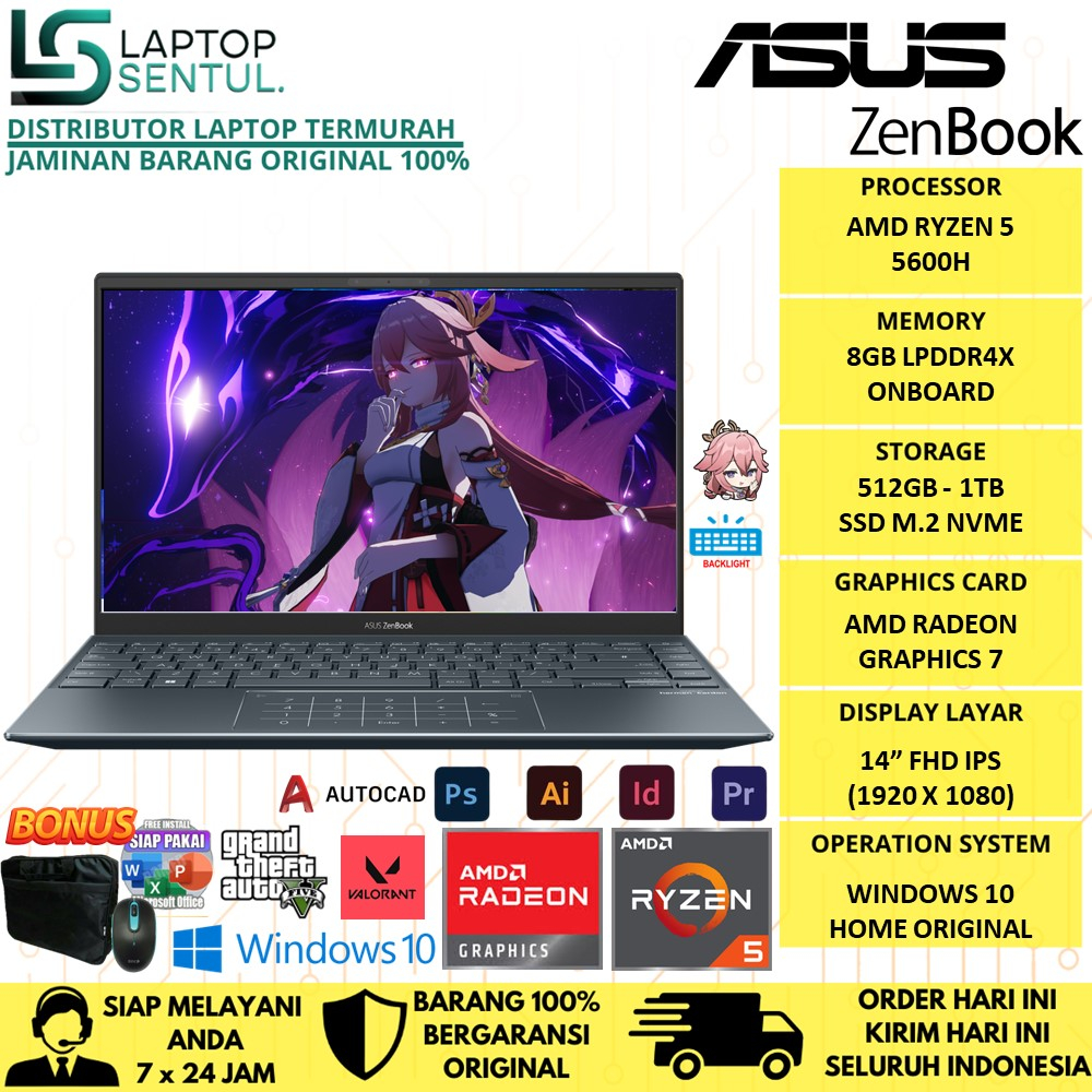 Laptop Gaming ASUS Zenbook UM425QA AMD RYZEN 5 5600H RAM 8GB 512GB SSD FHD Windows 11 Terlaris