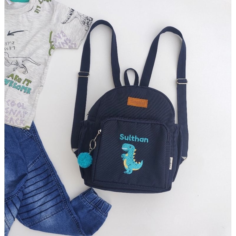 Baglist Tas Anak PAUD TK sekolah kids ransel backpack warna navy polos bordir nama karakter