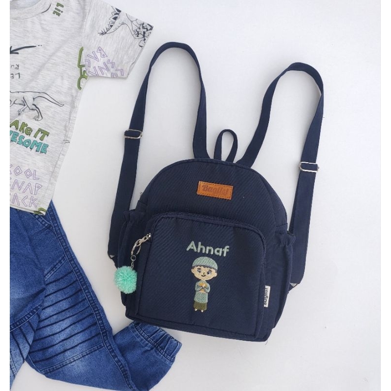 Baglist Tas Anak PAUD TK sekolah kids ransel backpack warna navy polos bordir nama karakter