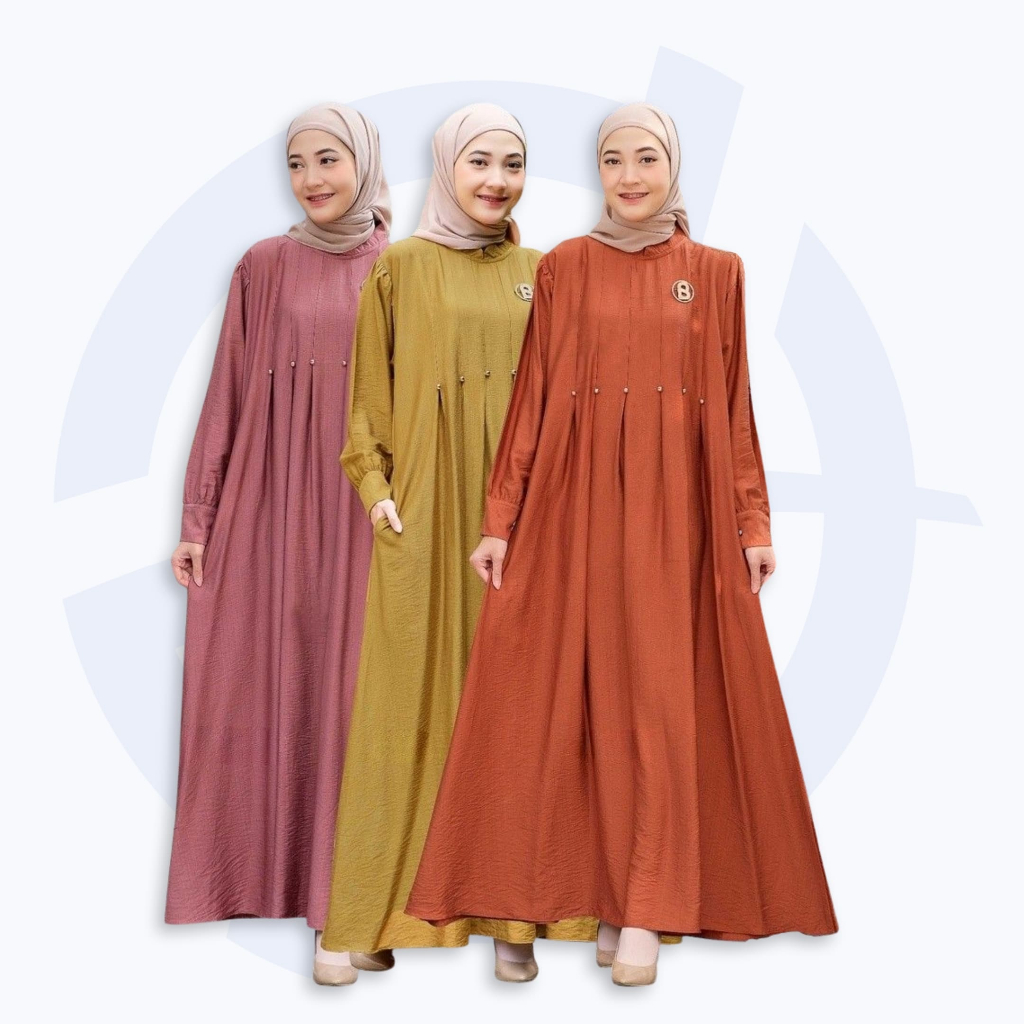 Long Dress Wanita Linen Crinkle Polos Baju Gamis Muslim Simple Korean Style Kekinian LD 110 MAKIA