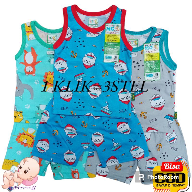 MOM'S GIFT 3PASANG Setelan Baju Bayi Lengan Kutung Full Printing Ukuran S M L XL SNI Murah Nyaman Berkualitas