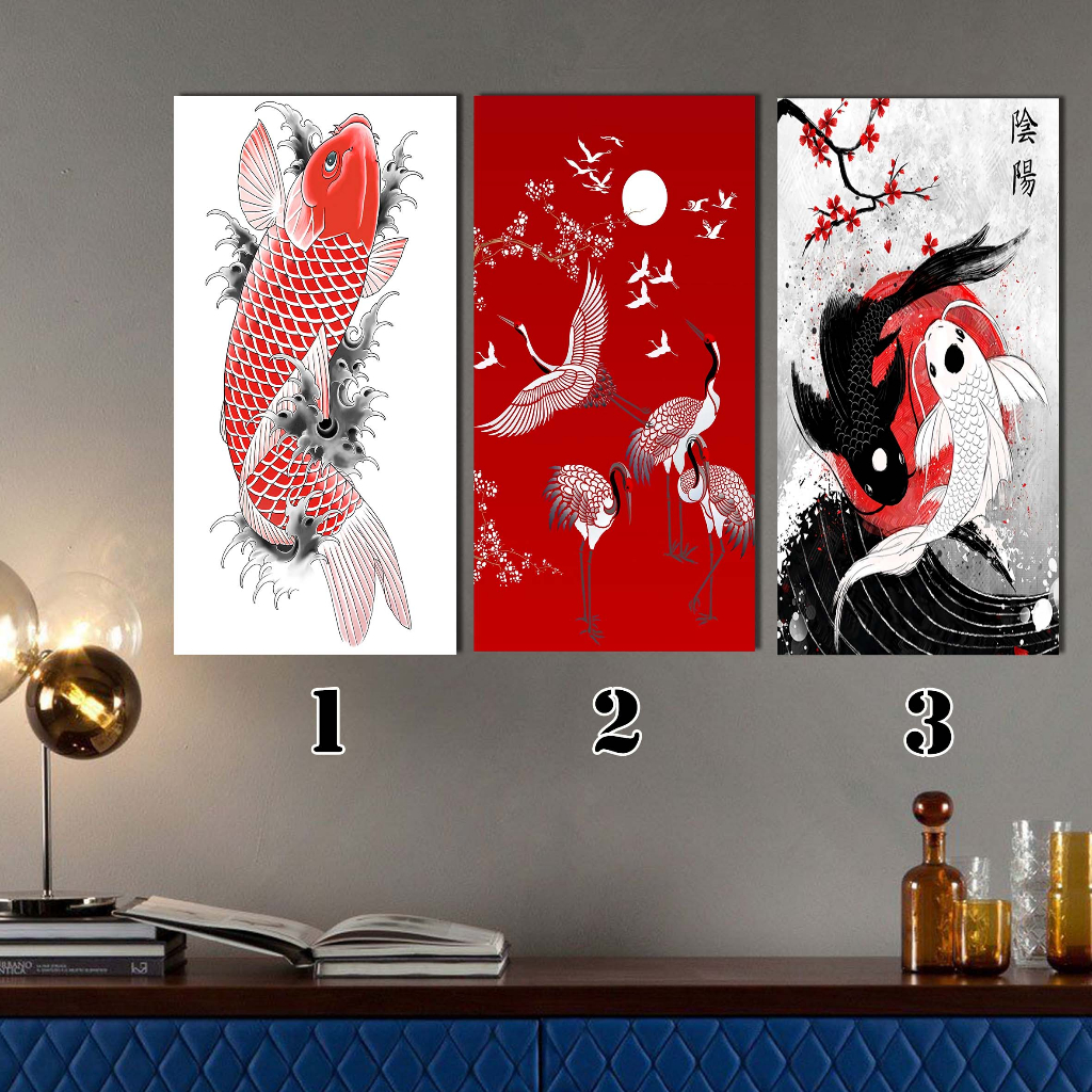 HIASAN DINDING KAYU TEMA JEPANG/DEKORASI JEPANG/DEKORASI IKAN KOI/POSTER JEPANG