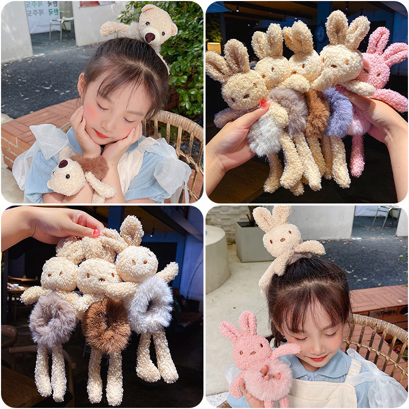 Ikat Rambut Boneka Bunny Scrunchie Bulu Korea Plush Bear Fluffy Faux Fur Ball Scrunchies