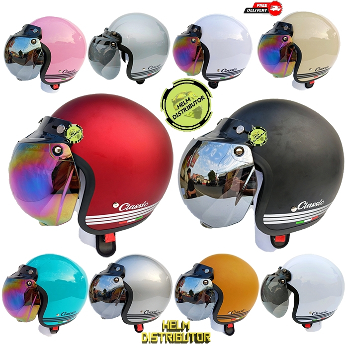 HELM BOGO RETRO CLASSIC, KACA CEMBUNG PELANGI, KACA CEMBUNG SILVER,UNTUK DEWASA PRIA DAN WANITA COD