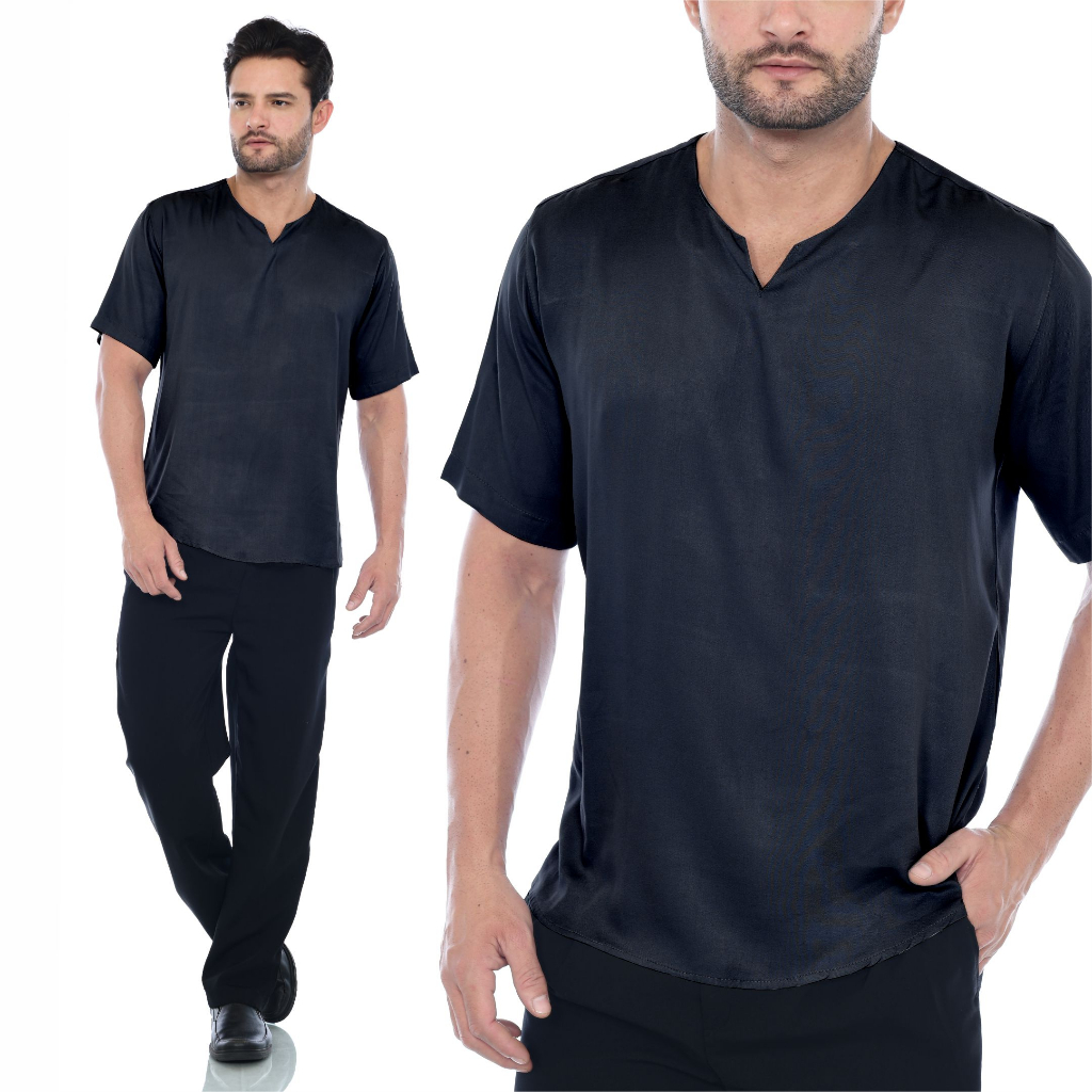 Kemeja Koko Pria Kerah V-neck Model Basic Polos Lengan Pendek Bahan Rayon Twill Premium