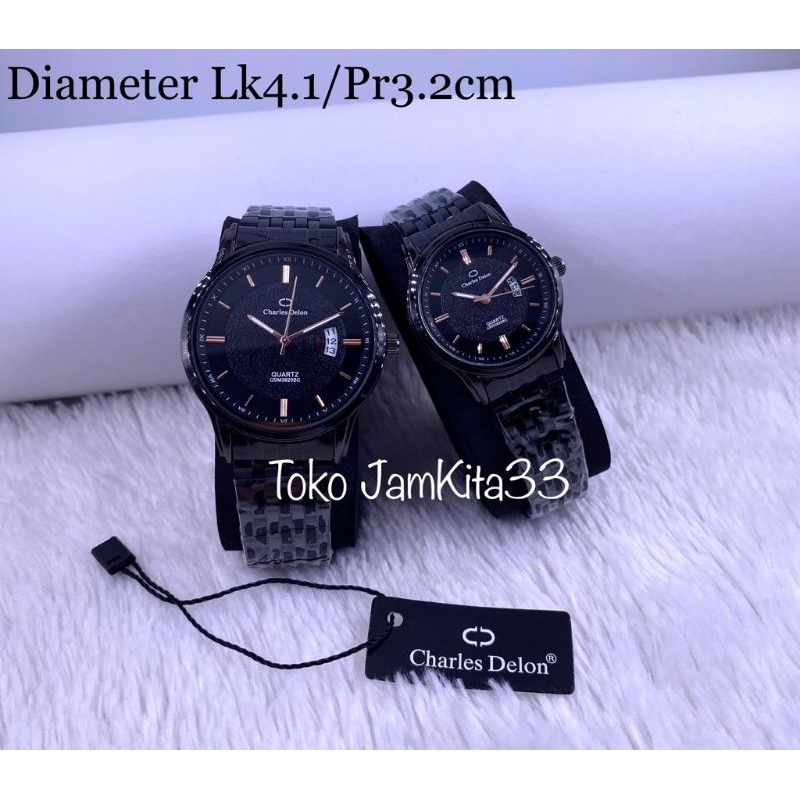 New,,JAM TANGAN COUPLE RANTAI BLACK CHARLES DELON ORIGINAL