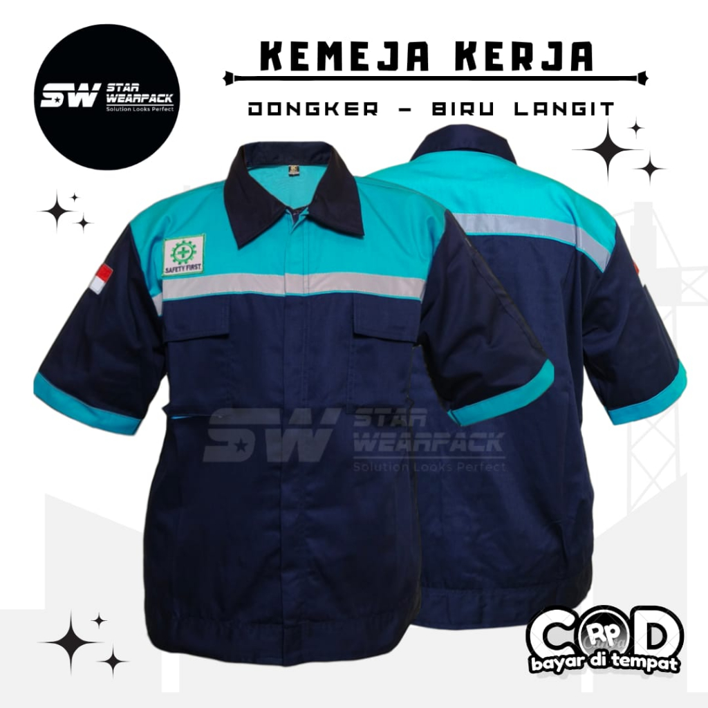 Star Wearpack - Seragam Kerja Lapangan Lengan Pendek Warna Dongker Kombinasi Biru Langit