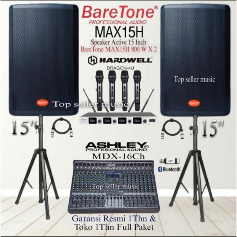 Paket Sound System Speaker Aktif BareTone MAX15H 4 Mic Hardwell Dragon Mixer 16Channel Ashley Resmi