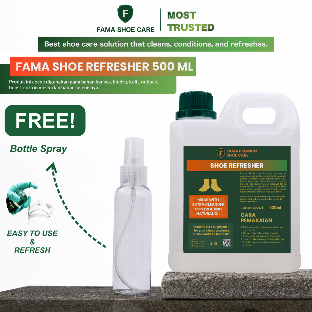 Fama Shoe Care - Parfum Sepatu 500Ml - Bonus Botol Spray-Anti Bakteri - Pewangi Sepatu - Penghilang Bau Sepatu - Fama Shoes Cleaner - Shoe Cleaner