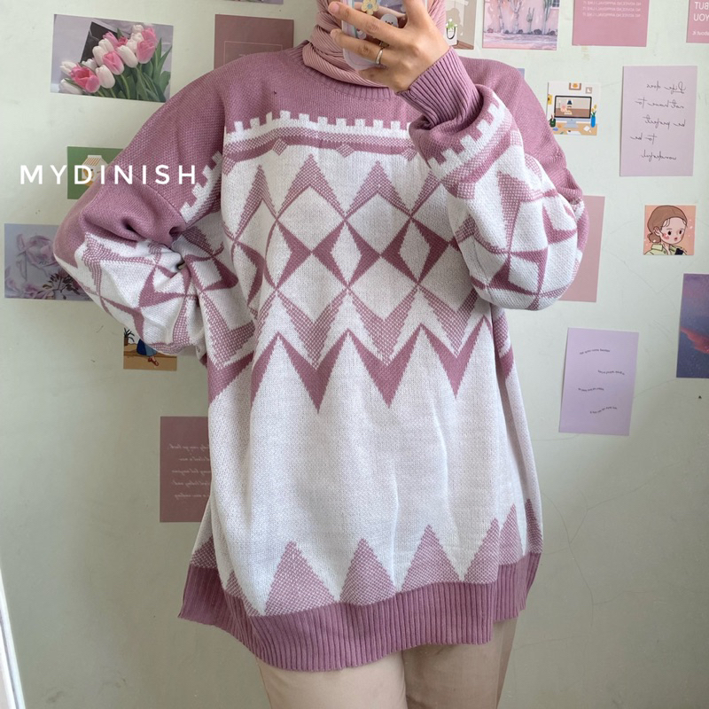 Rury Oversize Sweater Rajut Wanita Motif Zigzag