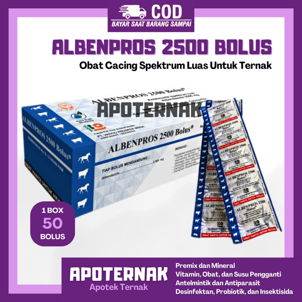 ALBENPROS 2500 Bolus 1 Box 50 Bolus | Obat Cacing Spektrum Luas Untuk Sapi Kuda | Cacing Hati, Cacing Pita, Cacing Paru, dan Cacing Saluran Pencernaan | VADCO | Apoternak