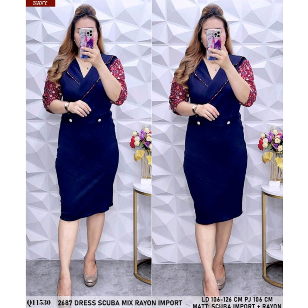 Dress 2687 Okky motif bunga-bunga dan warna bahan scuba import kombinasi katun rayon