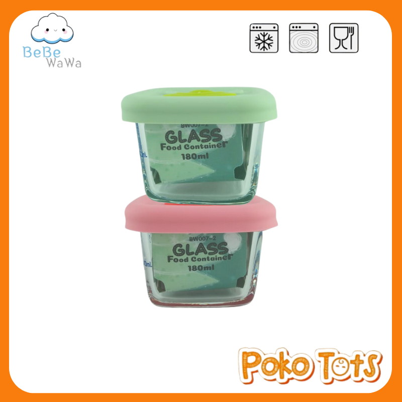 Bebe Wawa Glass Food Container 180ml Isi 2Pcs BW007-2 Tempat Makanan Bayi Takaran Ukuran Garis Takar WHS