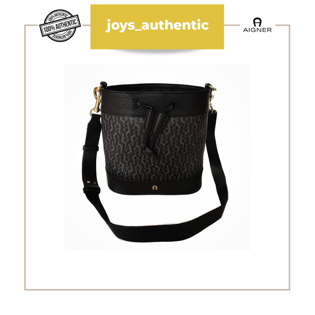 Tas Wanita Aigner Ilona Drawstring Fango Hitam Black Woman Bag Authentic Original