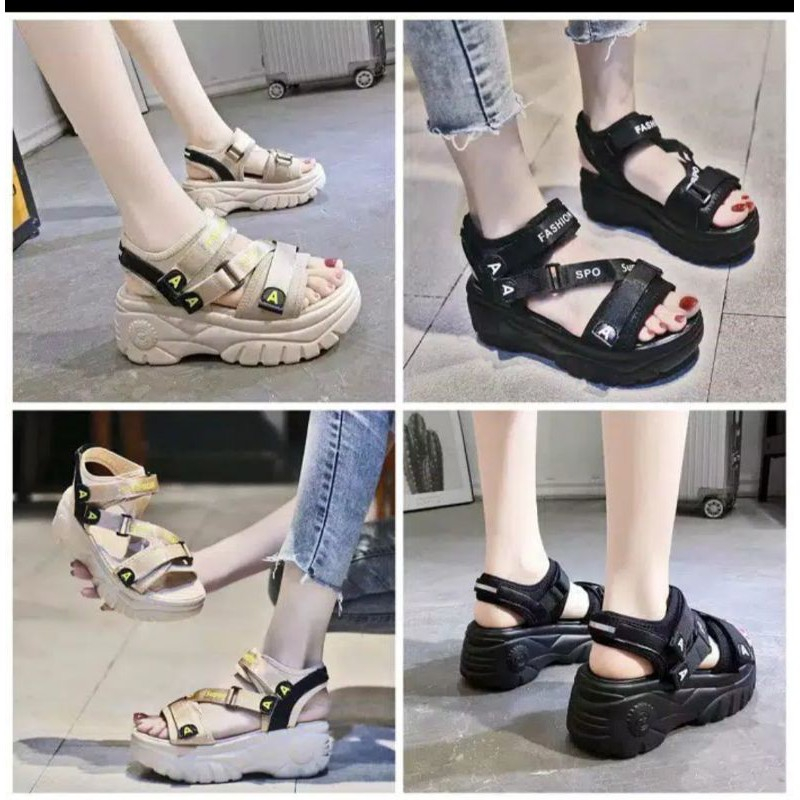 Sandal Sepatu Wedges Wanita Kekinian Kondangan Warna Hitam Cream Sendal Gunung Tali Gladiator Cewek 