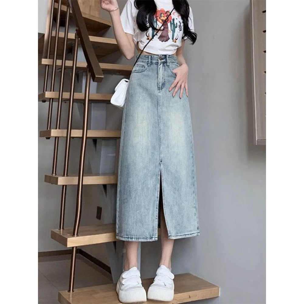 Rok denim Korea rok a-line wanita berpinggang tinggi sedang untuk menutupi rok pinggul selangkangan terbaru