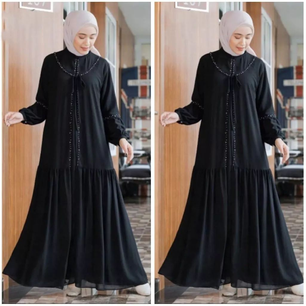 Baju Gamis Ceruty Babydoll Aksen Mutiara Velia Maxy Dress Gamis Modern Terbaru 2023 Abaya Jumbo Premium Polos Simple Elegant