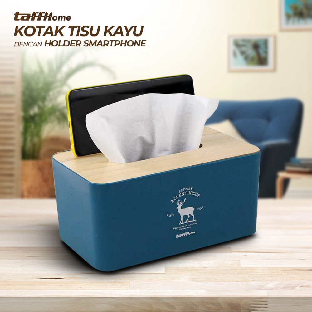 【GOGOMART】Kotak Tisu Kayu Tissue Box Dengan Holder Smartphone Tempat Hanphone