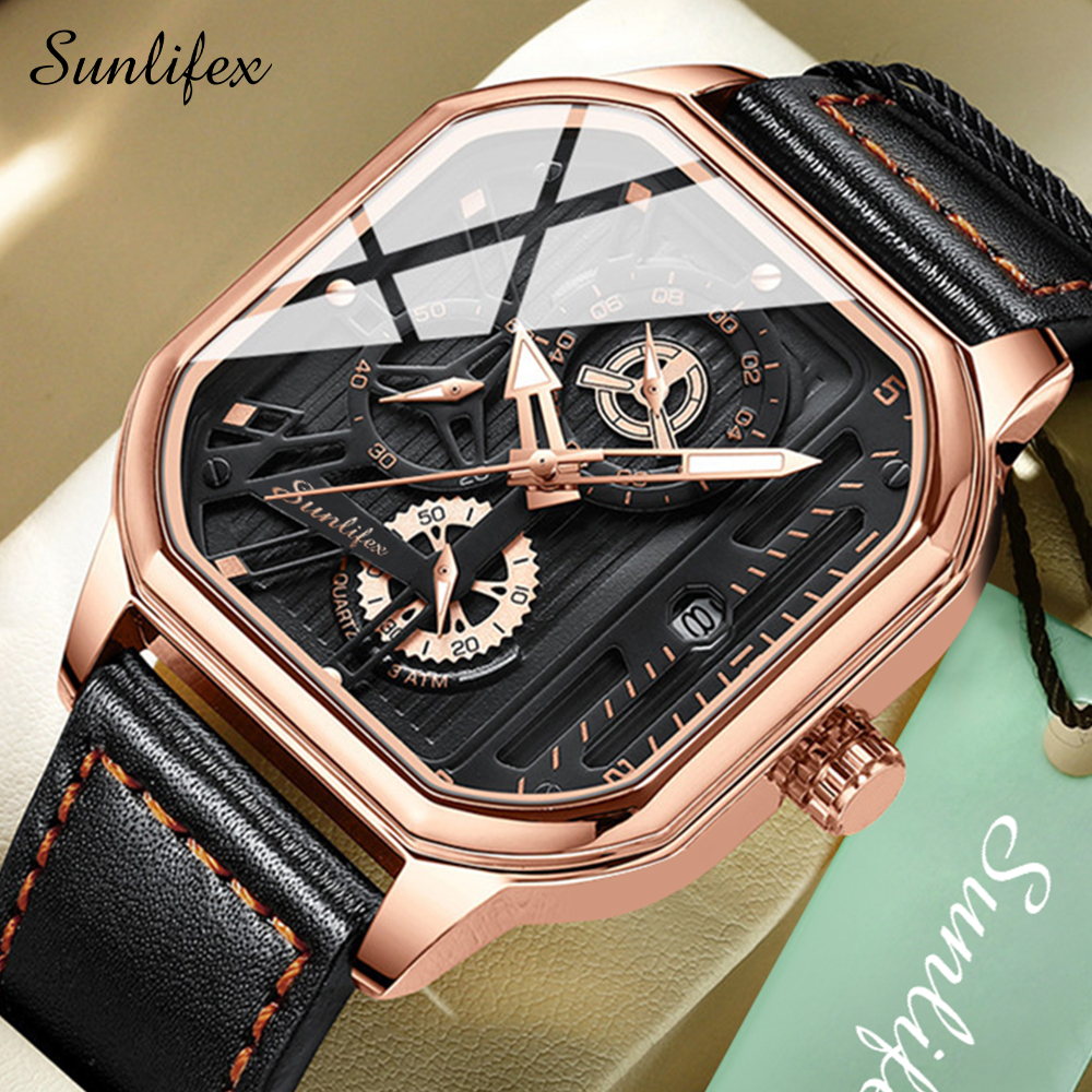 Sunlifex Jam Tangan Pria 9095 Kuarsa Olahraga Kasual Tali Kulit Pria Jam Tangan Cowok-RoseGold