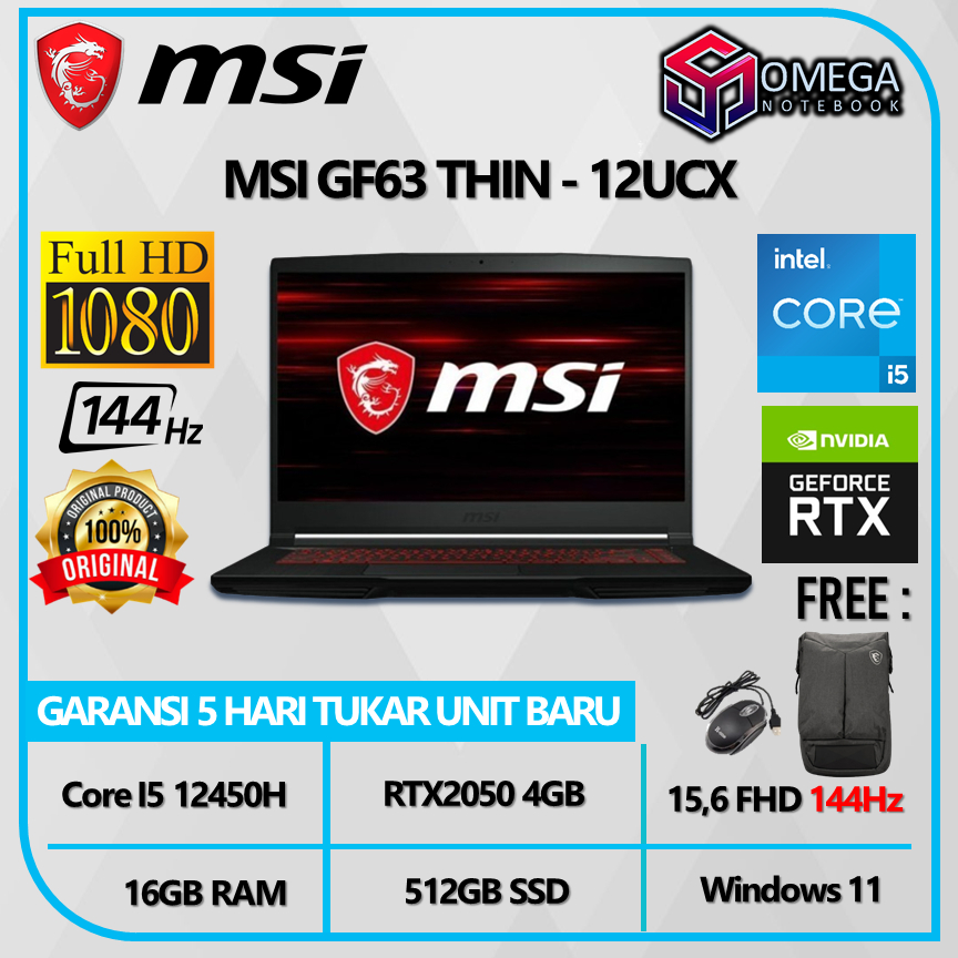 MSI GF63 THIN 12UCX I5 12450H 16GB 512SSD RTX2050 4GB 15,6 FHD Windows 11 144Hz