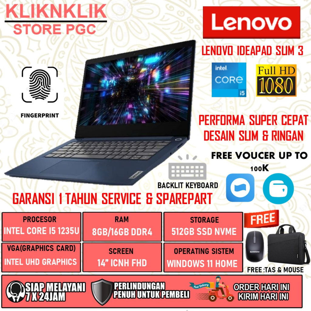 LAPTOP LENOVO IDEAPAD SLIM 5I INTEL CORE I7 1165G7 RAM 8GB 512GB SSD FHD IPS BACKLIGHT KEYBOARD FINGER PRINT WINDOWS 11 HOME