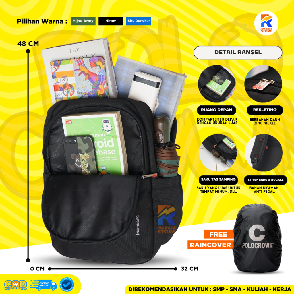 (PREMIUM) Tas Ransel POLO CROWN SMP-SMA-KULIAH-KERJA / Tas Ransel Sekolah Polo Crown / Tas Ransel Laptop Unisex