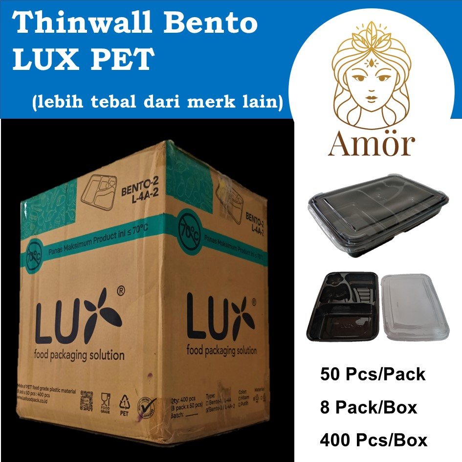 [ 1 dus ] mika bento sekat 4 tebal LUX / box PET hitam isi 400 pcs / kotak makan nasi plastik
