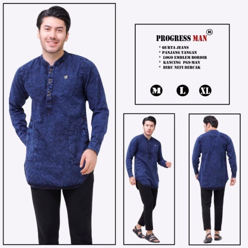 Baju Koko Kurta Dewasa Lengan Panjang Jeans Denim Original Progress Man