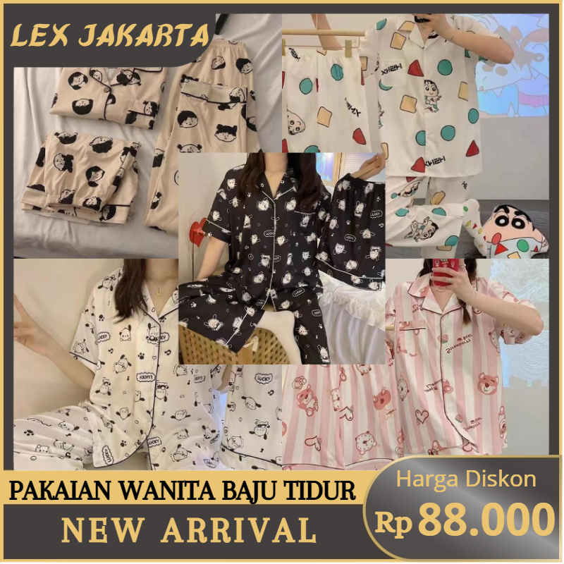 LEXJAKARTA B21 - PAKAIAN WANITA BAJU TIDUR 3 IN 1 WANITA PIYAMA SET LENGAN PENDEK CELANA PANJANG DAN PENDEK MOTIF KARTUN LUCU SETELAN TIDUR PAKAIAN RUMAH WANITA