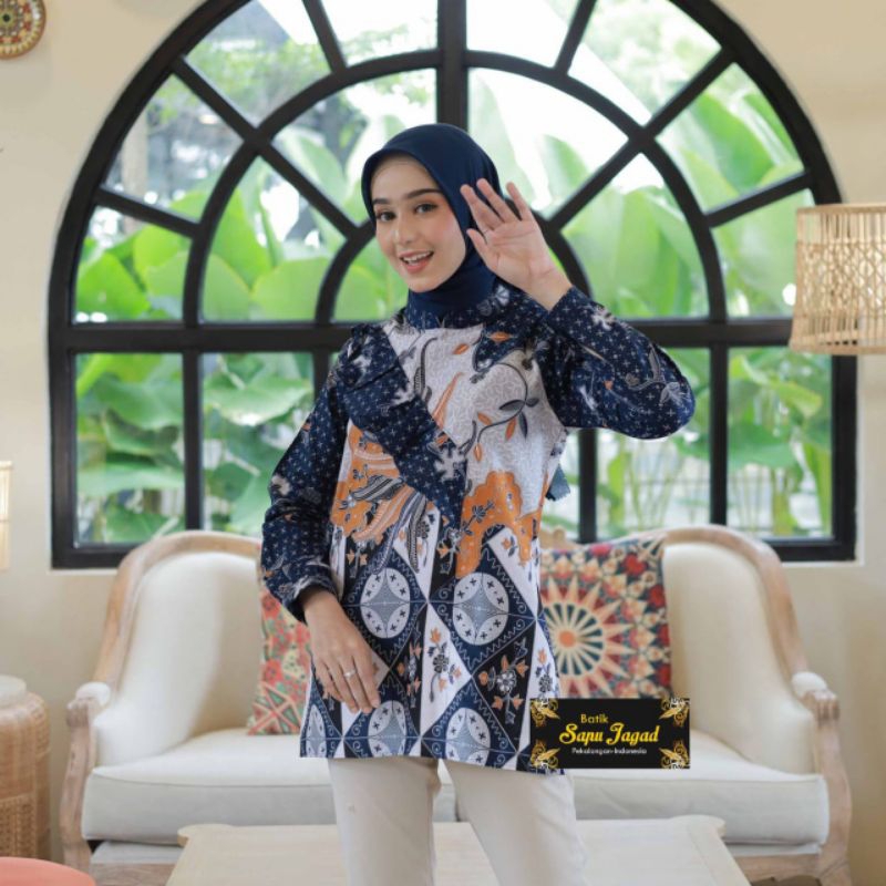 Atasan Wanita Lengan Panjang Bluse Kerja Kantor Baju Batik Modern Motif Merak By BatikSapuJagad
