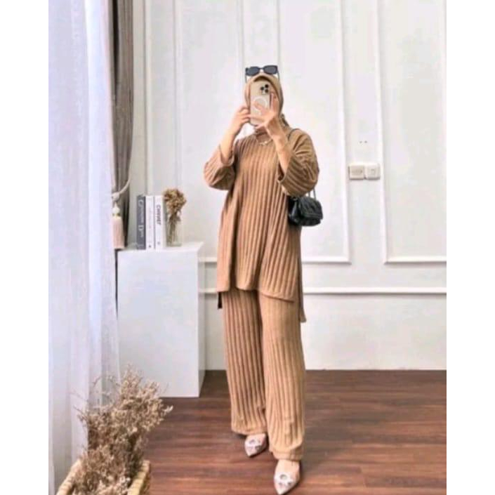 /one set tunik knit terbaru/Setelan Celana Tunik Wanita Kaos Knit Rajut Import Viral Kekinian Terbaru Terlaris Termurah COD