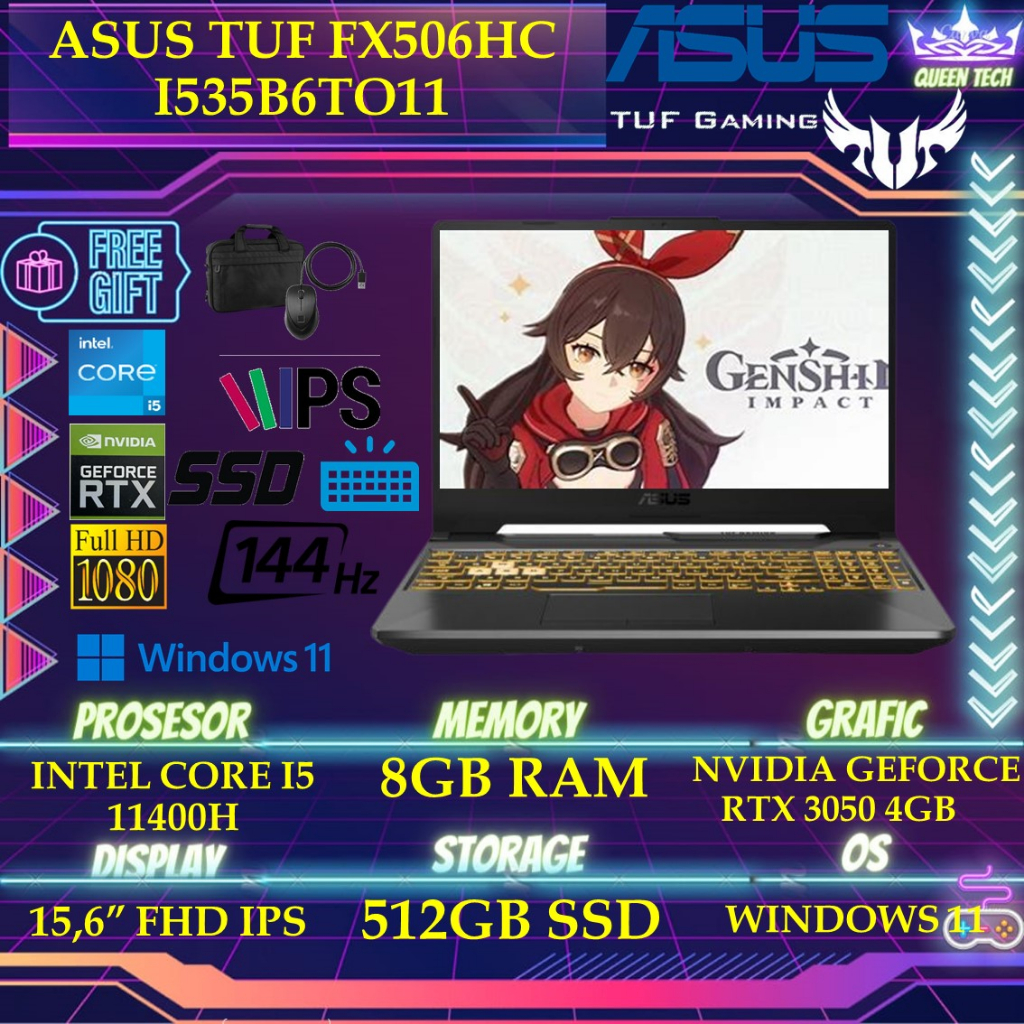ASUS TUF FX506HC I535B6TO11 - RTX3050 4GB I5 11400H 8GB 512SSD WINDOWS 11+OHS 15.6 INCHI FHD 144HZ RGB GRY