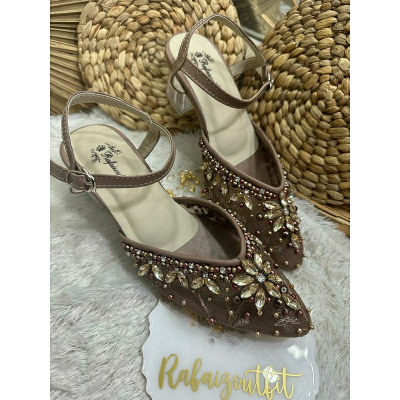 Sepatu wedding pesta Cantik isni mocca 5cm kaca
