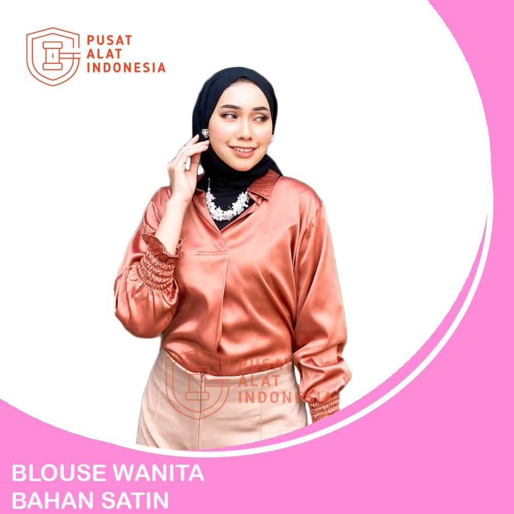 Blouse Wanita Satin Atasan Kerut Tangan Lengan Panjang Bw08pa