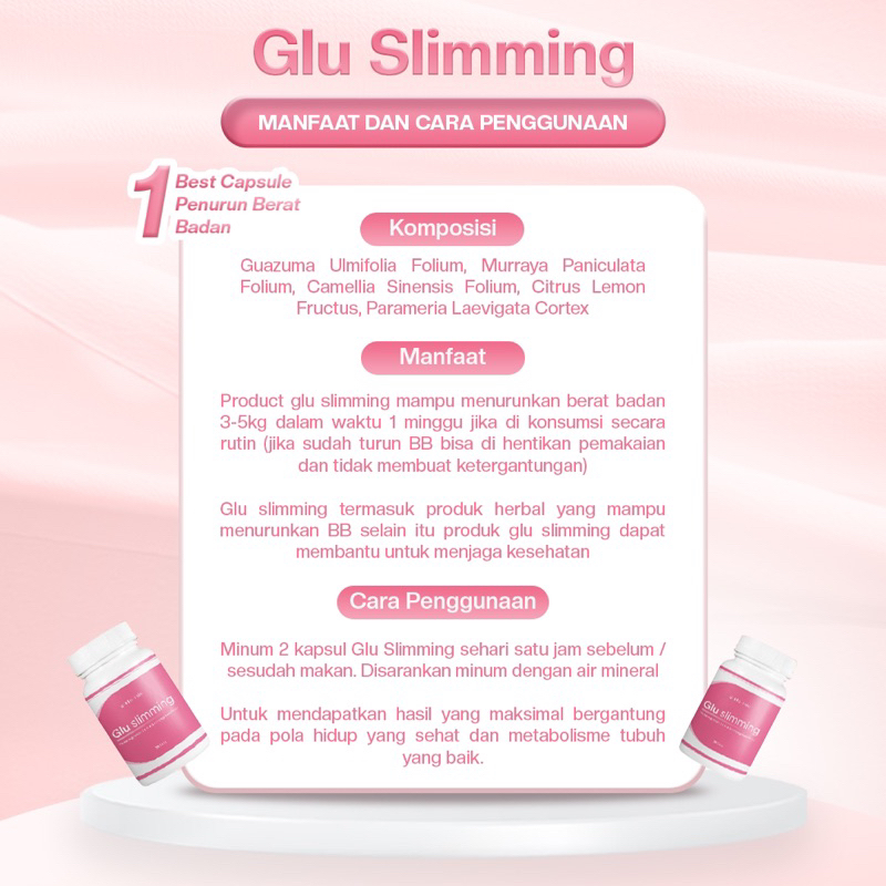 Glutaindo Glu Slimming - Kapsul  Diet / Pelangsing Tubuh Sampai 15KG 1 BOTOL 2 MINGGU PEMAKAIAN