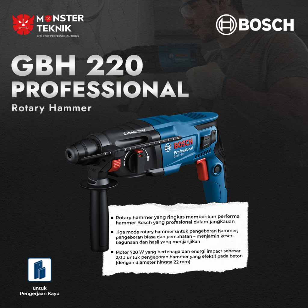 Mesin Bor Beton 5-22mm Bosch GBH 220 Rotary Hammer 720W 2 Joule - GBH220