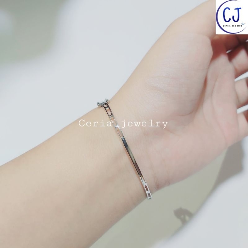 Gelang Perak Asli Silver 925 Lapis Emas Putih Model Bangle Cartir Permata - Gelang Perak Wanita