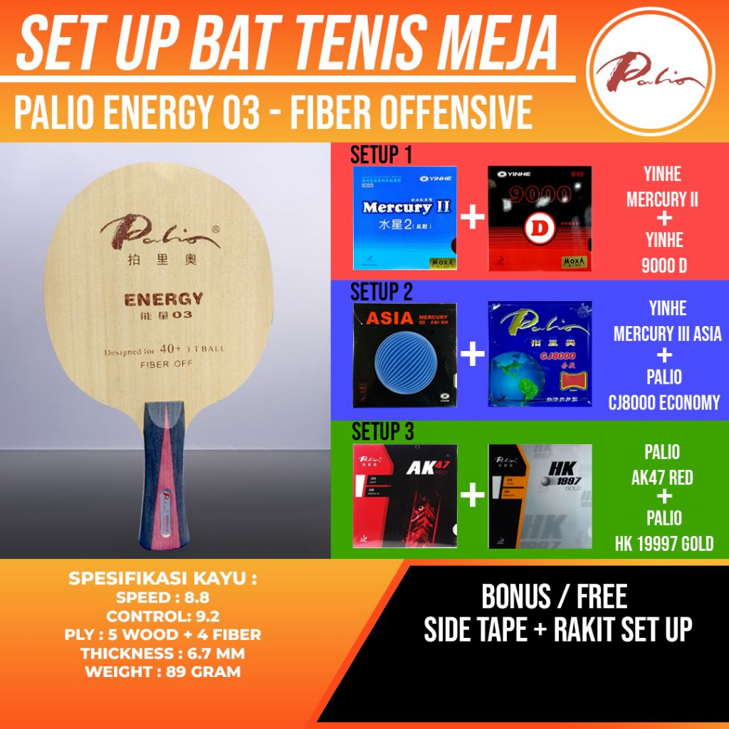 Paket Bat Pingpong Rakitan Palio Energy 03 Fiber OFF Yinhe Palio