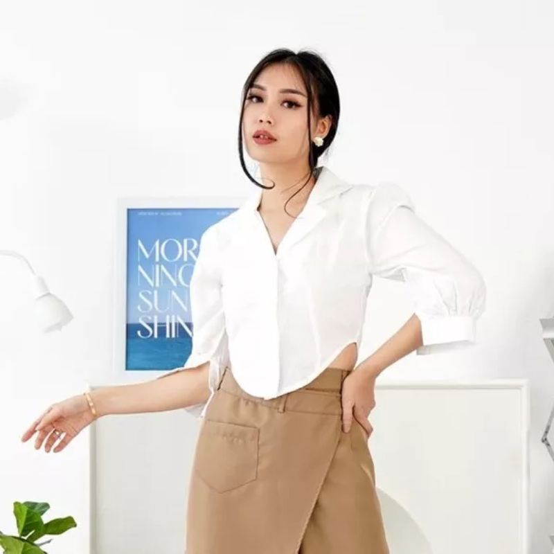 ATASAN KEMEJA BLOUSE CROP TOP PUFF CHIA FULL KANCING CRINKLE AIRFLOW / CROP TOP WANITA